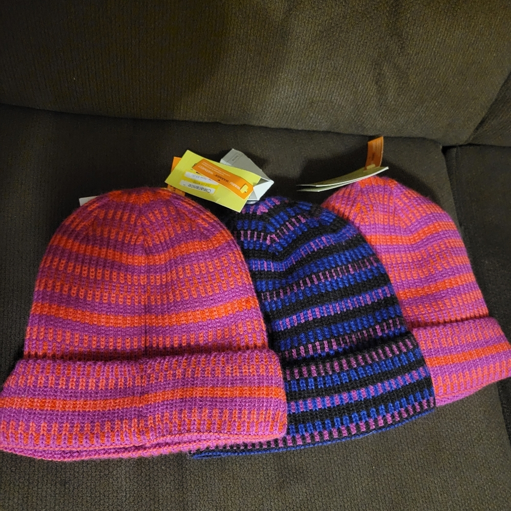 (3) All In Motion 1-PIECE Stripe Hats- Two Pink, One Purple